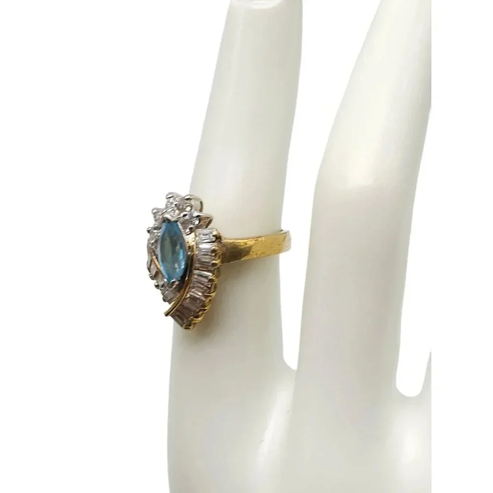925 Sterling Silver Vermeil Marquise Blue Topaz Crystal Cocktail Ring Size 7